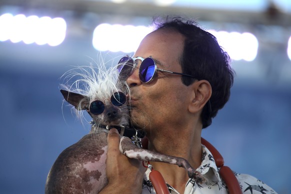 PETALUMA, CALIFORNIA - JUNE 21: Dane Andrew holds his dog Rascal during the World&#039;s Ugliest Dog contest at the Marin-Sonoma County Fair on June 21, 2019 in Petaluma, California. A dog named Scamp ...