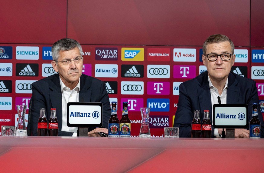 Herbert Hainer Praesident, FC Bayern Muenchen und Jan-Christian Dreesen Vorstandsvorsitzender, FC Bayern Muenchen. GER, FC Bayern Muenchen, Pressekonferenz zu Personalentscheidungen, Fussball, Bundesl ...