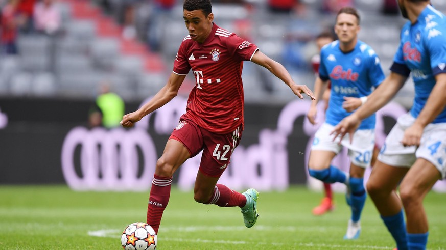 Fussball Audi Football Summit 2021 in der Allianz Arena FC Bayern Muenchen - SSC Neapel 31.07.2021 Jamal Musiala (FC Bayern Muenchen) am Ball FOTO: ULMER Pressebildagentur xxNOxMODELxRELEASExx