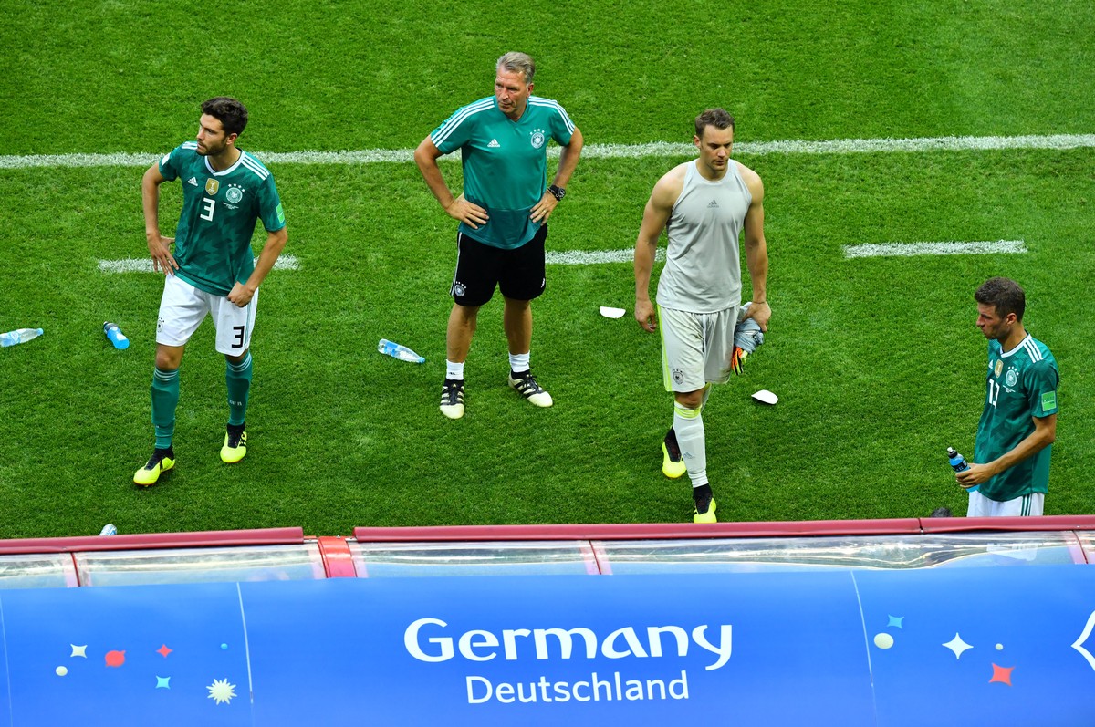 Soccer Football - World Cup - Group F - South Korea vs Germany - Kazan Arena, Kazan, Russia - June 27, 2018 Germany's Jonas Hector, Manuel Neuer and Thomas Muller look dejected after the match RE ...
