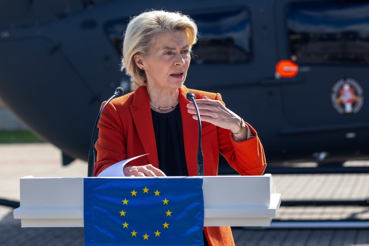 President of European Commission Ursula von der Leyen speaks during a joint press conference with Lithuania's President Gitanas Nauseda at the Border Guard School near Lithuanian-Belarusian borde ...