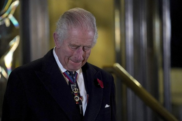 Britain&#039;s King Charles III unveils the statues of Queen Elizabeth II and Prince Phillip before The Royal British Legion Festival of Remembrance at Royal Albert Hall, London, Saturday Nov. 11, 202 ...