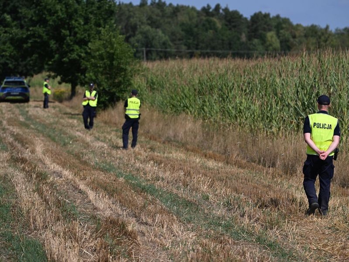 Polizei sichert das Gebiet eines Maisfeldes in Osiny, Ostpolen, auf das ein nicht identifiziertes Objekt fiel. Im Osten von Polen ist ein unbekanntes Flugobjekt in ein Maifeld gestürzt und dort explod ...