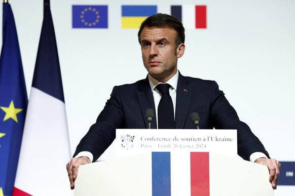 French President Emmanuel Macron speaks during a press conference at the Elysee Palace in Paris, Monday, Feb. 26, 2024. More than 20 European heads of state and government and other Western officials  ...