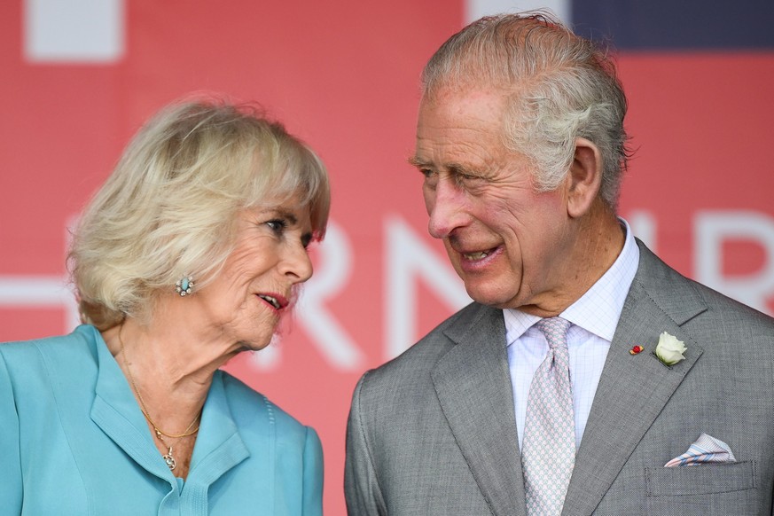 BORDEAUX, FRANCE - SEPTEMBER 22: King Charles III and Queen Camilla attend a festival in celebration of British and French culture and business at Place de la Bourse on day three of the state visit to ...