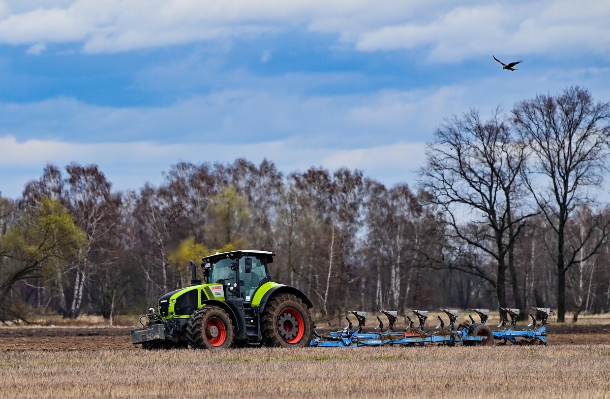Ein Landwirt pflügt ein Feld. Damit wird der Ackerboden für die Aussaat der Sommerkultur vorbereitet.