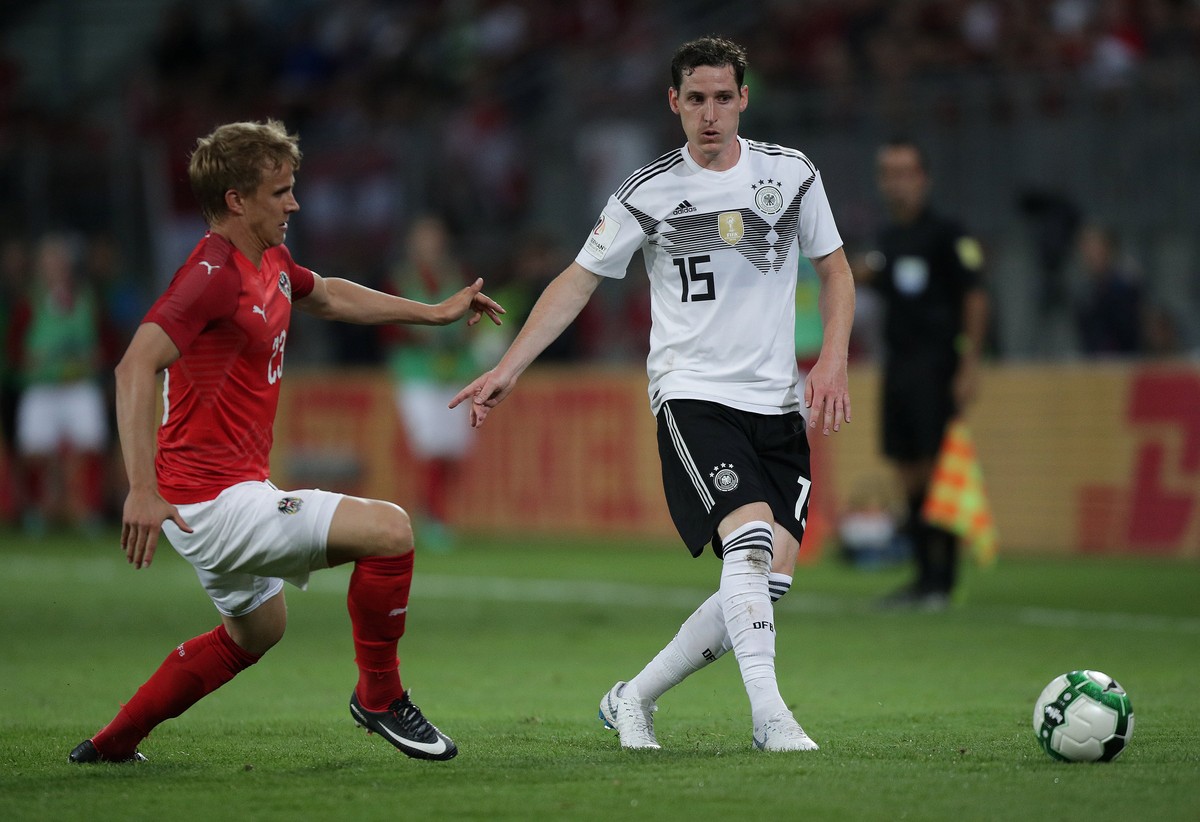 Soccer Football - International Friendly - Austria vs Germany - Worthersee Stadion, Klagenfurt, Austria - June 2, 2018 Germany&#039;s Sebastian Rudy in action with Austria&#039;s Moritz Bauer REUTERS/ ...