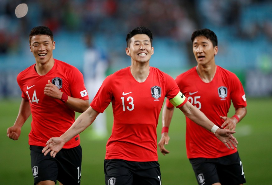 Soccer Football - International Friendly - South Korea vs Honduras - Daegu Stadium, Daegu, South Korea - May 28, 2018 South Korea&#039;s Son Heung-Min celebrates scoring their first goal with team mat ...