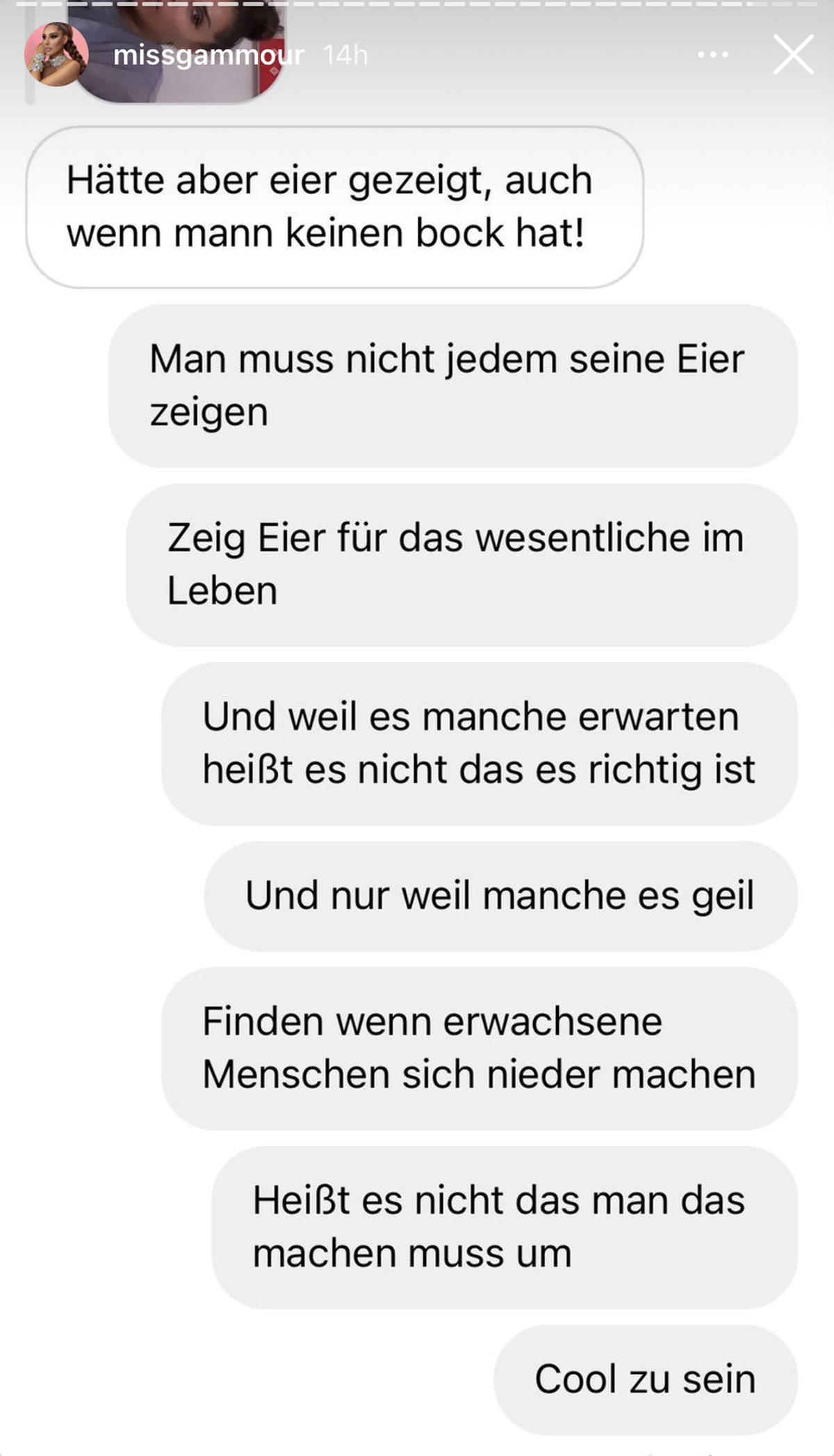 Senna Gammour veröffentlichte diese Nachricht einschließlich ihrer Antworten darauf auf Instagram.
