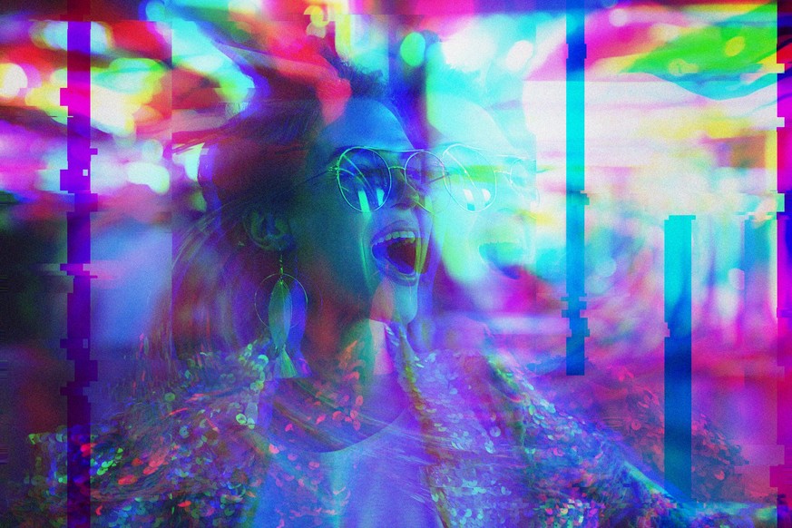 Young woman having psychedelic trip with hallucinations after drug abuse. Noise and glitch effects applied.
