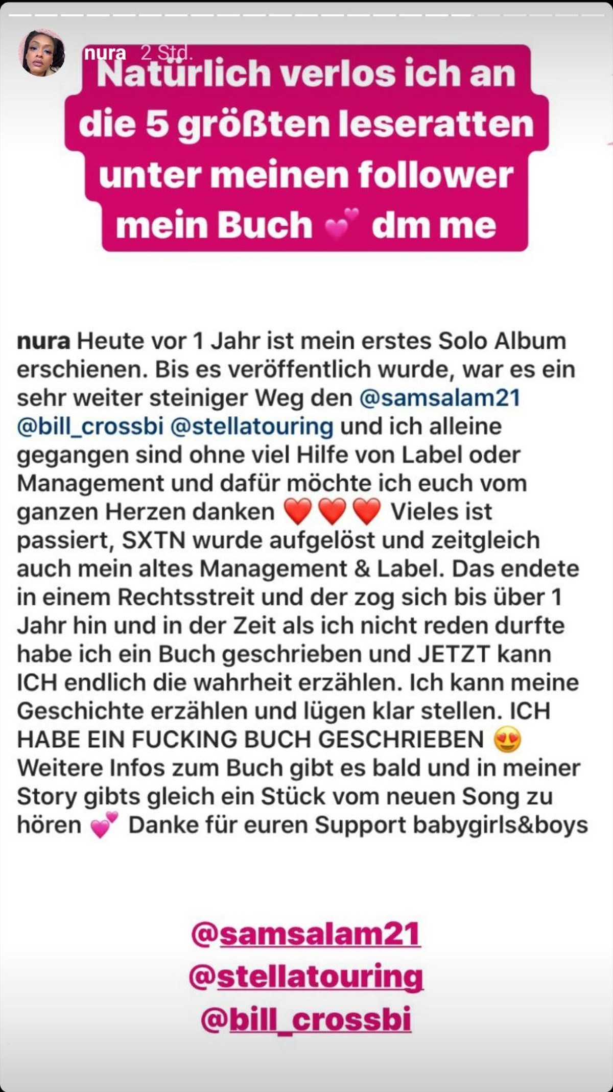 Beitrag von Nura: Auf Instagram kündigt sie ihr eigenes Buch an.