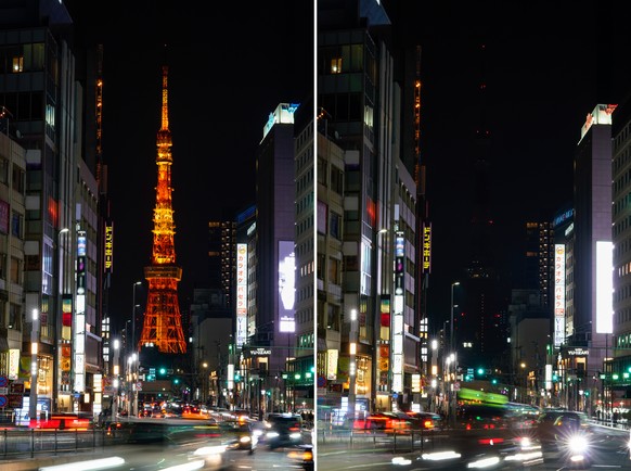 Die Beleuchtung am Tokyo Tower ist vor der Earth Hour eingeschaltet (l) und während der Earth Hour ausgeschaltet (r).