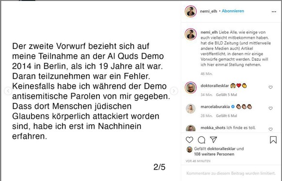 Bei Instagram nahm Nemi El-Hassan am Abend Stellung zu den Vorwürfen des Antisemitimus.