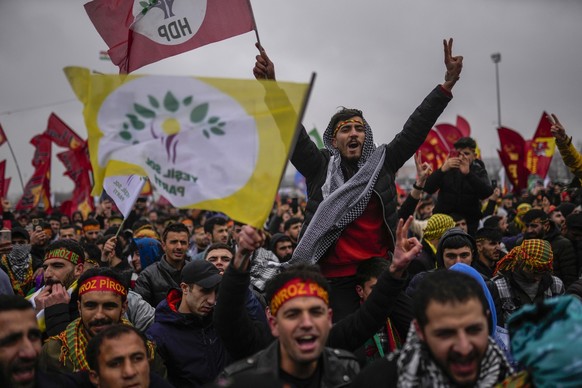 Supporters of pro-Kurdish Peoples&#039; Democratic Party, or HDP, listen to party co-leader Pervin Buldan&#039;s speech during the Newroz celebrations marking the start of spring in Istanbul, Turkey,  ...