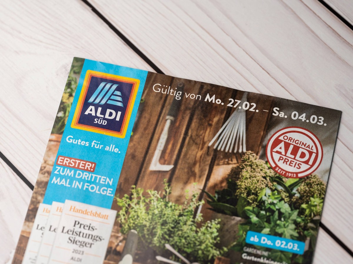 Augsburg, Bavaria, Germany - 2 April 2023: An Aldi Süd brochure with the offers of the week *** Ein Aldi Süd Prospekt mit den Angeboten der Woche