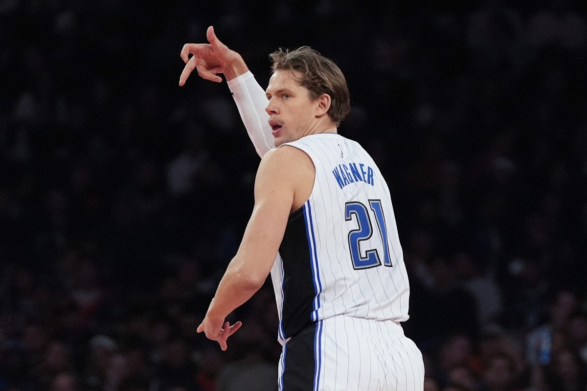 Orlando Magic center Moritz Wagner reacts during the first half of an NBA Cup basketball game against the New York Knicks, Tuesday, Dec. 3, 2024, in New York, N.Y. (AP Photo/Julia Demaree Nikhinson)