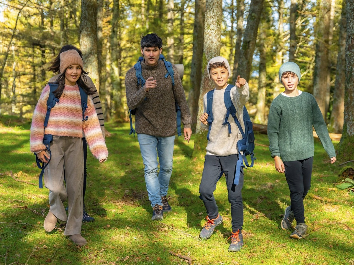 Jugendlicher, der beim Wandern mit der Familie im Wald an einem sonnigen Herbsttag nach vorne zeigt Teenage boy pointing ahead while trekking with the family at forest in a sunny day of autumn Copyrig ...