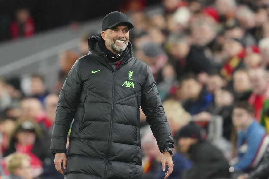 Liverpool&#039;s manager Jurgen Klopp smiles during the English Premier League soccer match between Liverpool and Luton Town, at Anfield stadium in Liverpool, England, Wednesday, Feb. 21, 2024. (AP Ph ...