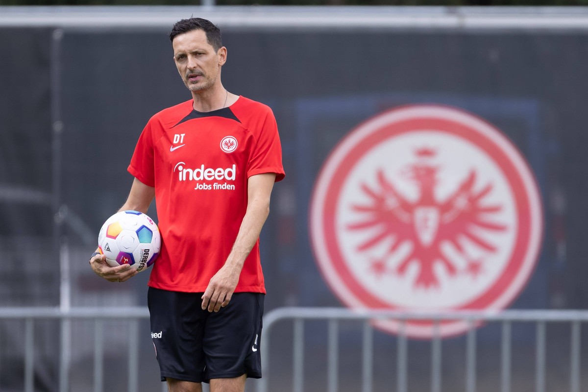 Trainingsauftakt Eintracht Frankfurt Cheftrainer Dino Toppmöller Eintracht Frankfurt. Training von Eintracht Frankfurt am 12. Juli 2023 im Deutsche Bank Park in Frankfurt am Main. - Nach Vorgaben der ...