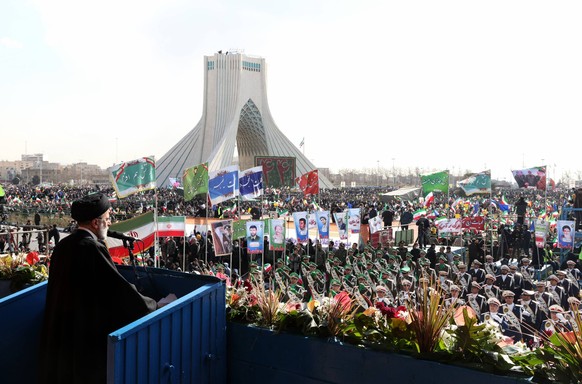 February 11, 2023, Tehran, Tehran, Iran: Iranian President EBRAHIM RAISI addresses the crowd at the 44th anniversary of the 1979 Islamic Revolution, at the Azadi Freedom square in Tehran, Iran, on Feb ...