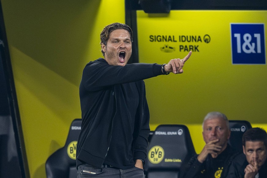 Fußball: 1. Bundesliga, Saison 2023/2024, 3. Spieltag, Borussia Dortmund - 1. FC Heidenheim am 01.09.2023 im Signal-Iduna-Park in Dortmund. Dortmunds Trainer Edin Terzic gibt Anweisungen. WICHTIGER HI ...