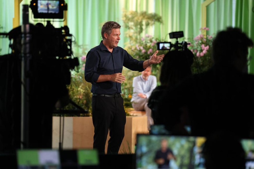 BERLIN, GERMANY - JUNE 11: Robert Habeck, co-head of the German Greens Party, speaks to delegates in a virtual federal party congress on June 11, 2021 in Berlin, Germany. During the three-day event de ...