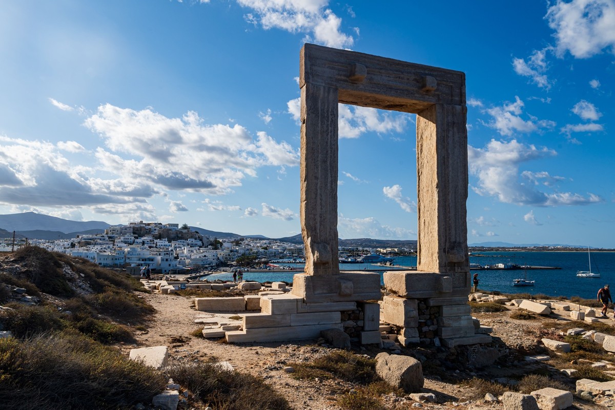 RECORD DATE NOT STATED The Portara of Naxos, the unfinished temple of Apollo of 530 BC, a huge marble gate is the islands emblem and main landmark 27419663