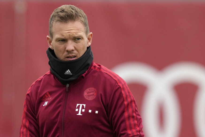 FC Bayern Munich&#039;s head coach Julian Nagelsmann arrives for a training session in Munich, Germany, Tuesday, Oct. 19, 2021. Bayern will face Portuguese team Benfica in Lisbon for a Champions Leagu ...