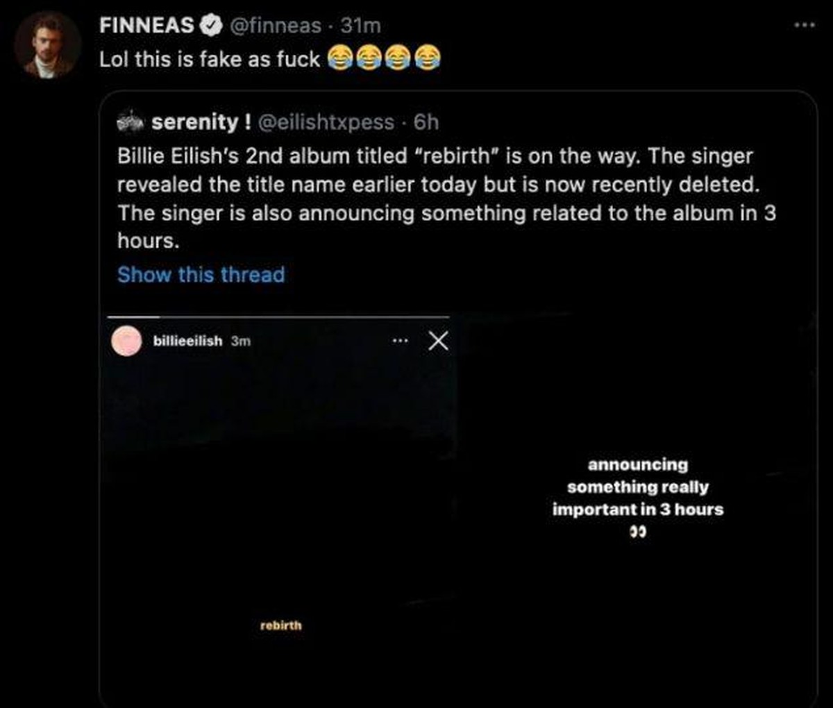 Finneas O'Connell reagiert auf einen Fan-Tweet.