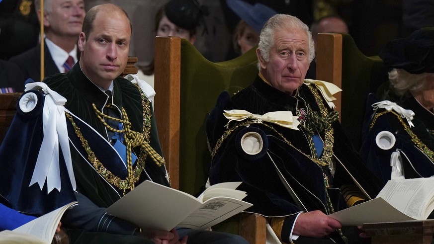 FILE - Britain&#039;s Prince William, known as the Duke of Rothesay while in Scotland, and King Charles III during the National Service of Thanksgiving and Dedication for King Charles III and Queen Ca ...