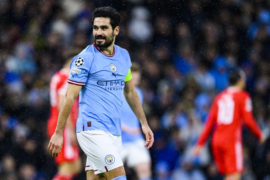 11.04.2023, Großbritannien, Manchester: Fußball: Champions League, Manchester City - Bayern München, K.o.-Runde, Viertelfinale, Hinspiele, Etihad Stadium. Manchesters Ilkay Gündogan in Aktion. (zu dpa ...