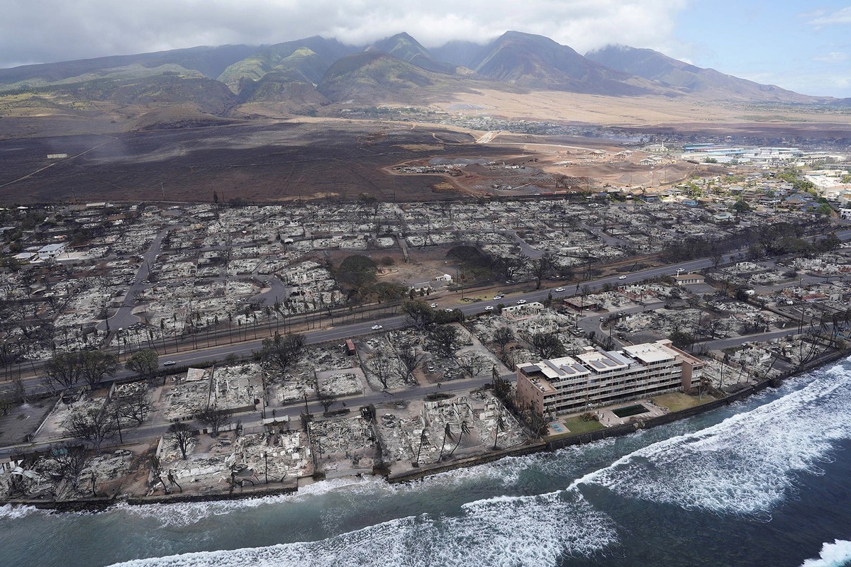 August 10, 2023, Lahaina, Hawaii, USA: Aerial view of the destruction of Lahania town is seen Thursday, in Maui. The historic town of Lahaina has been devastated. Destroyed homes and buildings surroun ...