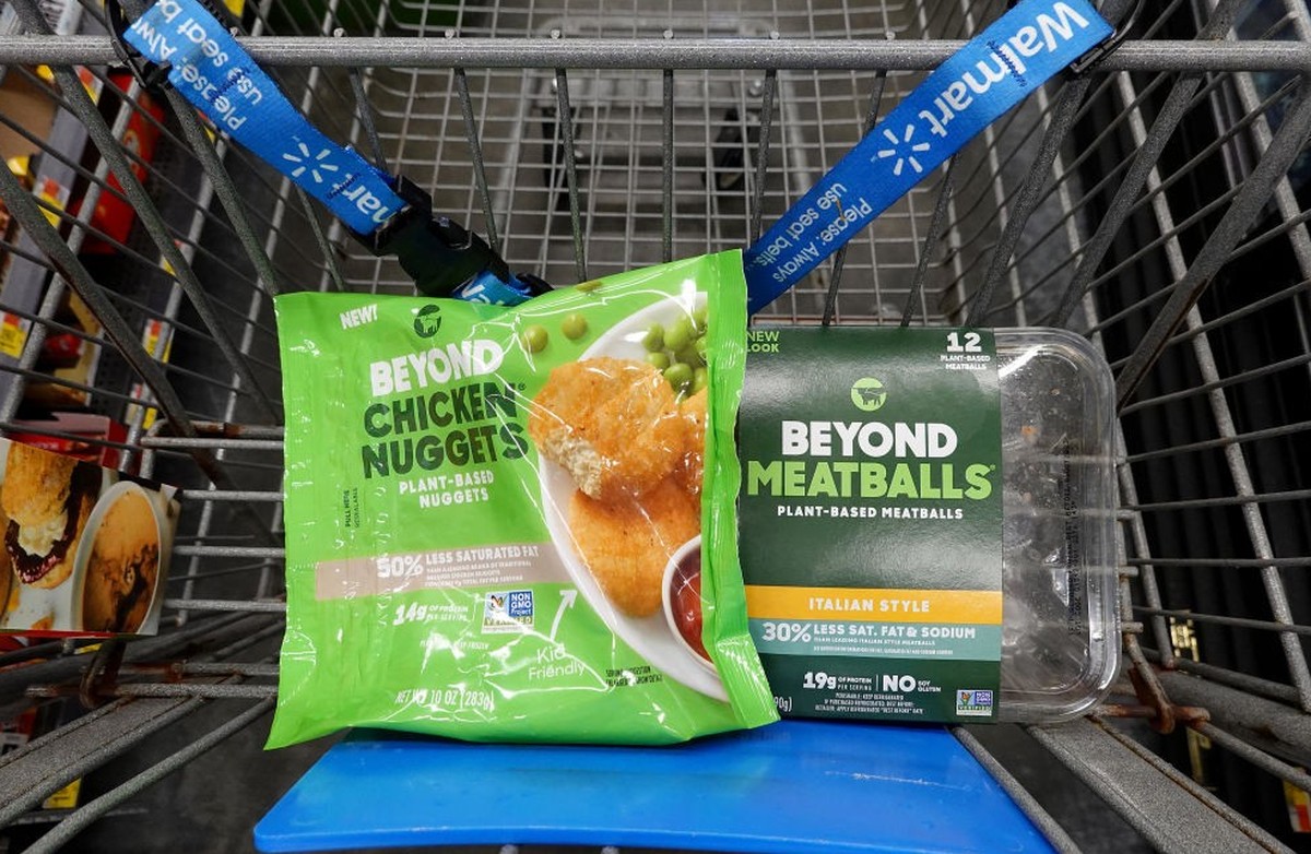 MIAMI, FLORIDA - NOVEMBER 21: In this photo illustration, a Beyond Meat meatball as well as a chicken nuggets product in a shopping cart on November 21, 2022 in Miami, Florida. Beyond Meats stock has ...