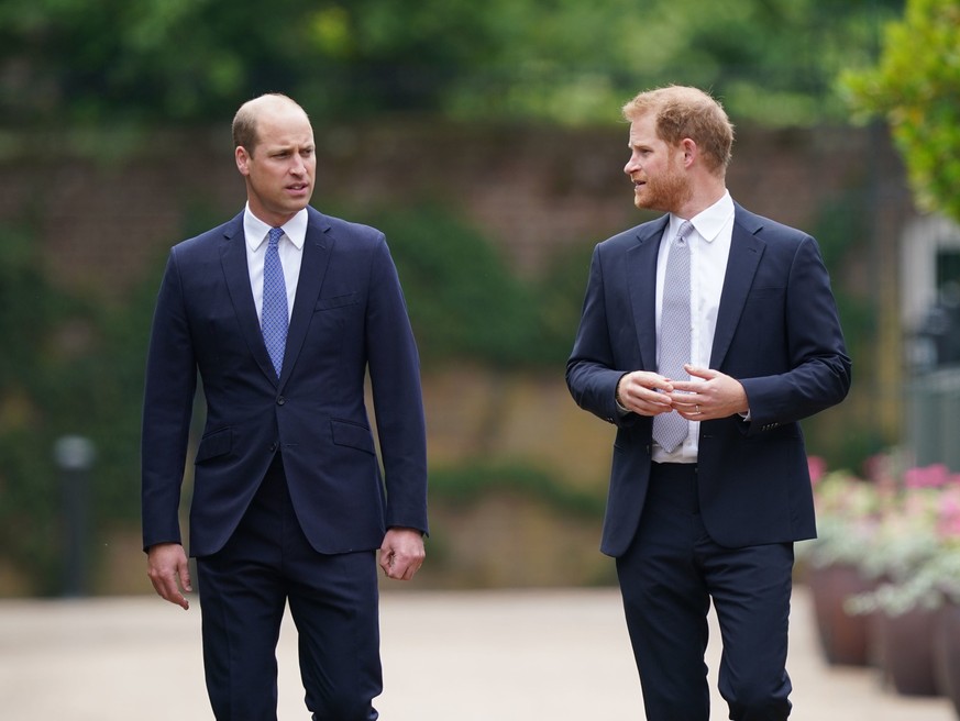 LONDON, ENGLAND - JULY 01: Prince William, Duke of Cambridge (left) and Prince Harry, Duke of Sussex arrive for the unveiling of a statue they commissioned of their mother Diana, Princess of Wales, in ...