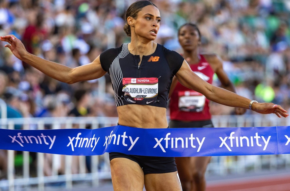 Syndication: The Register Guard Sydney McLaughlin-Levrone crosses the finish line to win the womens 400 meters in a world leading and meet record time of 48.74 on day three of the 2023 USA Track and F ...