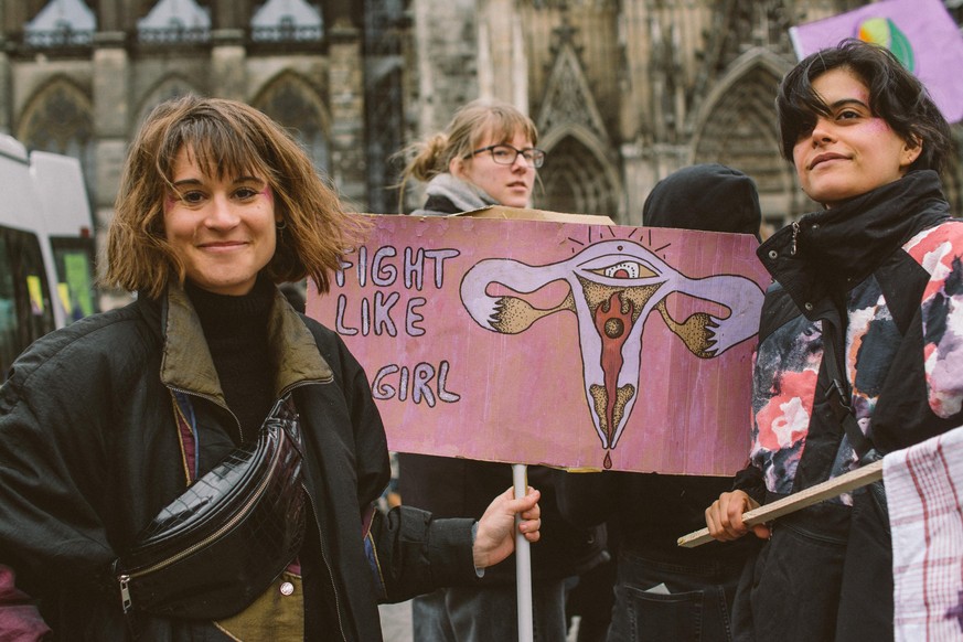 Women demonstrate during the women&#039;s match on International women&#039;s day in Cologne, Germany, on March 8, 2020. More than 600 people takes part in women day march. (Photo by Ying Tang/NurPhot ...