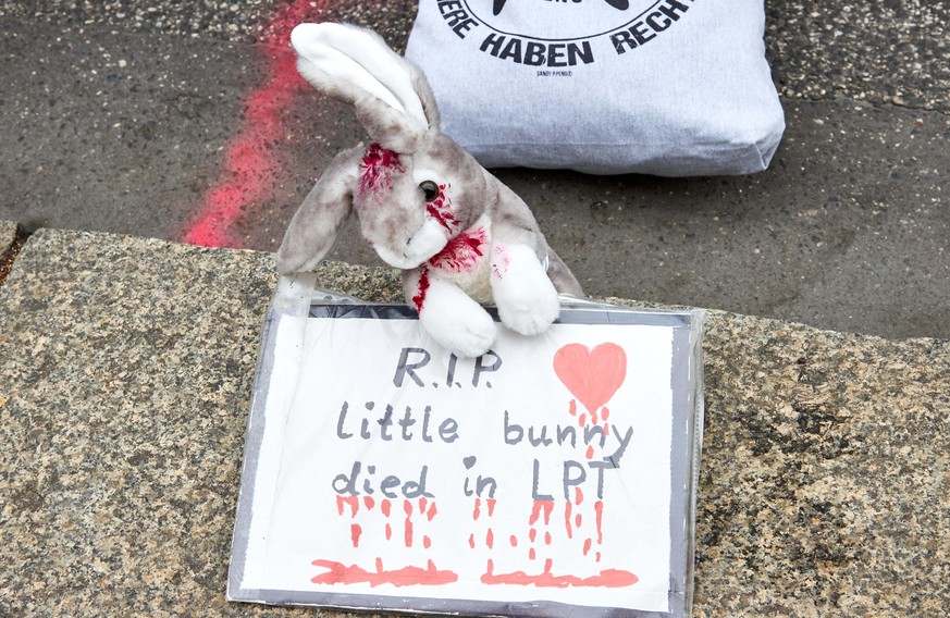 Ein Stoffhase und ein Schild mit der Aufschrift „&quot;R.I.P. Little bunny died in LPT“&quot; liegen während einer Demonstration auf dem Bürgersteig am Jungfernstieg gegen die Wiederaufnahme von Tierv ...