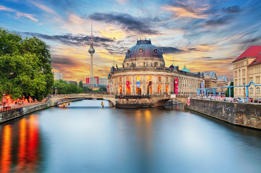 Museum island on Spree river and Alexanderplatz TV tower in center of Berlin, Germany