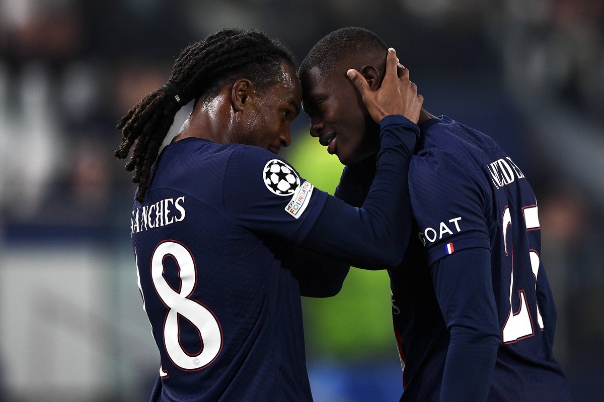 Juventus FC v Paris Saint-Germain FC - UEFA Champions League Nuno Mendes of Paris Saint-Germain FC celebrates with Renato Sanches of Paris Saint-Germain FC after scoring a goal during the UEFA Champio ...