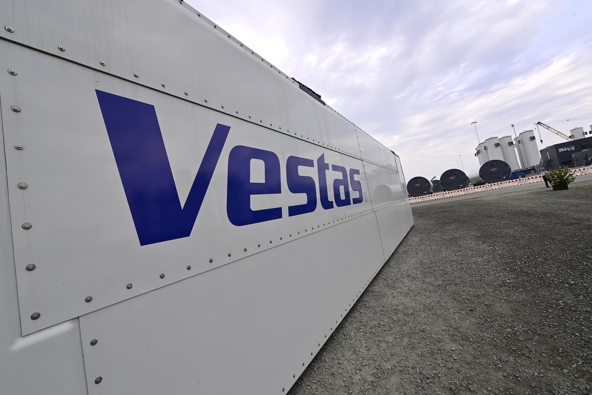 The logo of wind turbine producer Vestas Wind Systems A/S pictured at the North Sea Summit, with Denmark, Germany, the Netherlands and Belgium, in the port of Ejsberg, Denmark, Wednesday 18 May 2022. ...
