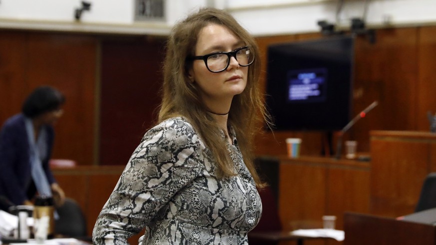 Anna Sorokin leaves during the lunch break at her trial in New York State Supreme Court, in New York, Monday, April 22, 2019. Sorokin, who claimed to be a German heiress, is on trial on grand larceny  ...