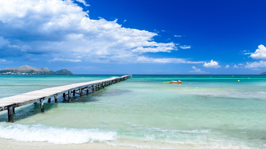 Pier at Playa Muro - Mallorca, balearic island of spain xkwx majorca, alcudia, dock, muro, spain, beach, de, bay, balearic, playa, mallorca, beautiful, blue, summer, sky, water, travel, landscape, sea ...