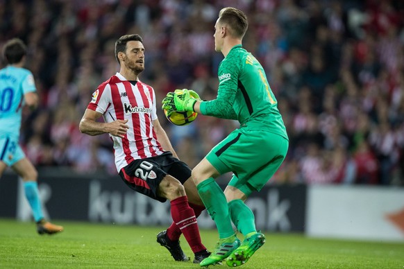 Aduriz of Athletic and Ter Stegen of Barcelona in action during the Santander League La Liga match played in San Mames Stadium between Athletic and Barcelona in Bilbao Spain at Oct 28th 2017 Photo UGS ...