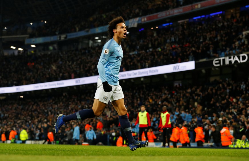 Soccer Football - Premier League - Manchester City v Liverpool - Etihad Stadium, Manchester, Britain - January 3, 2019 Manchester City&#039;s Leroy Sane celebrates scoring their second goal REUTERS/Ph ...