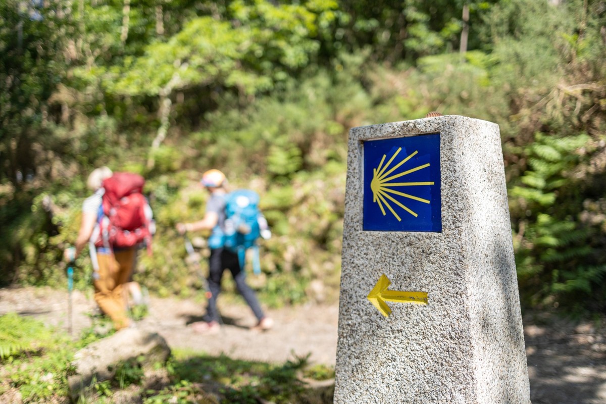 Pilgrims walking on their way to Santiago de Compostela. Camino de Santiago milestone sign on forest scene Pilgrims walking on their way to Santiago de Compostela. Camino de Santiago milestone sign on ...