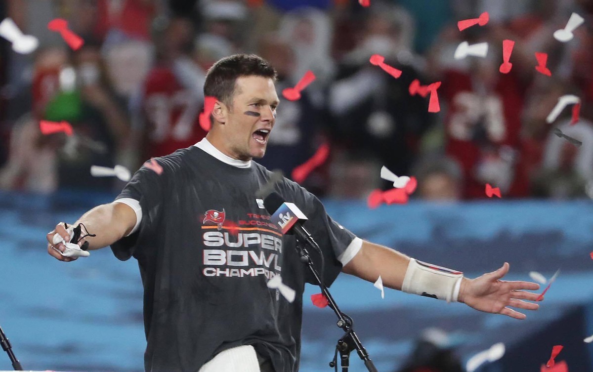 February 8, 2021, USA: Tampa Bay quarterback Tom Brady celebrates after winning the Super Bowl LV game of Tampa Bay Buccaneers versus Kansas City Chiefs at Raymond James Stadium in Tampa, Florida, on ...