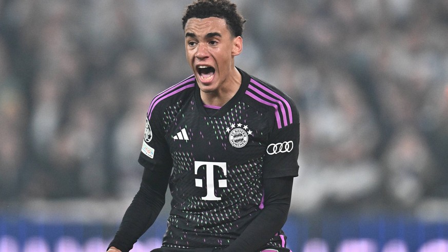 COPENHAGEN, DENMARK - OCTOBER 3: Jamal Musiala of Bayern Munich celebrates after scoring goal during the UEFA Champions League match between F.C. Copenhagen and FC Bayern Munchen at Parken Stadium on  ...