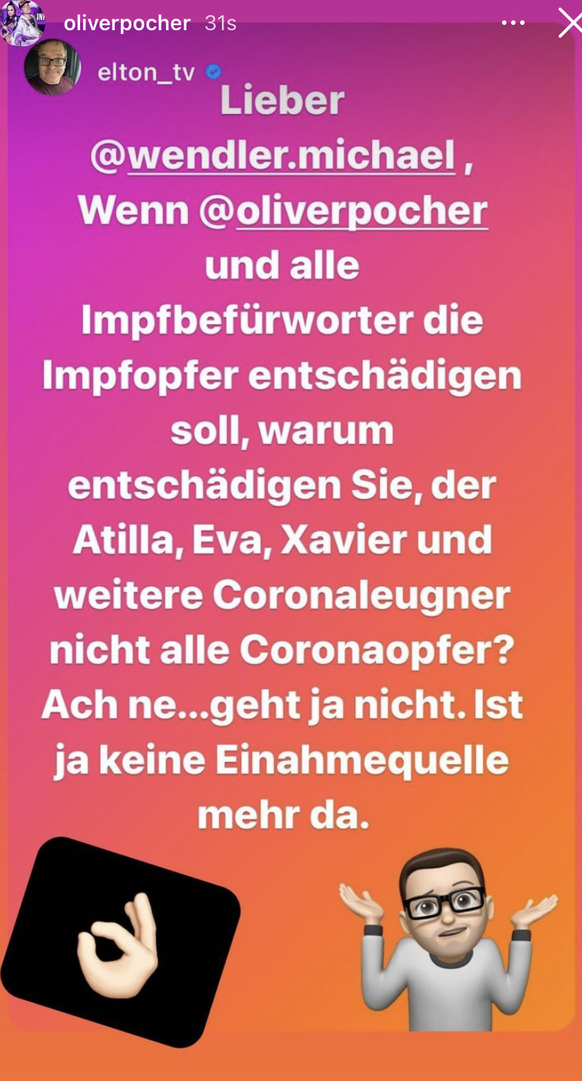 Oliver Pocher teilte Eltons Story auf seinem Kanal.