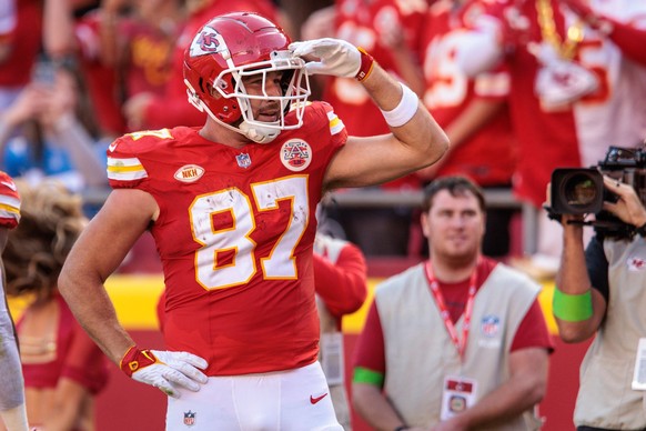 KANSAS CITY, MO - OCTOBER 22: Kansas City Chiefs tight end Travis Kelce 87 reacts after a play during the first half against the Los Angeles Chargers on October 22, 2023 at GEHA Field at Arrowhead Sta ...