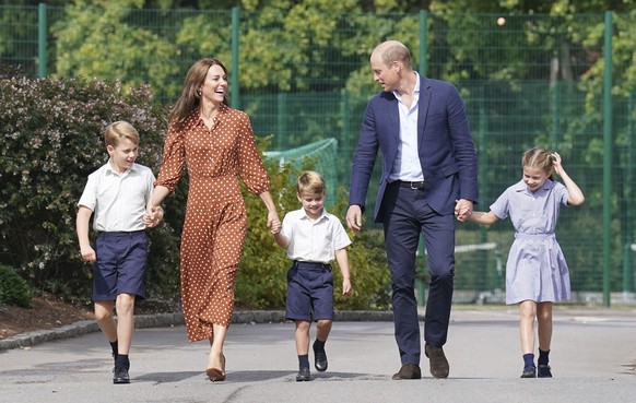 FILE - From left, Britain&#039;s Prince George, Kate Duchess of Cambridge, Prince Louis, Prince William and Princess Charlotte, arrive for a settling in afternoon at Lambrook School, near Ascot, Engla ...